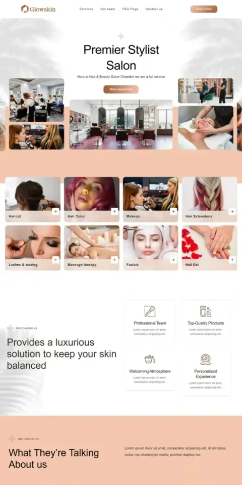 Site de salão de beleza no celular, com agendamento em destaque