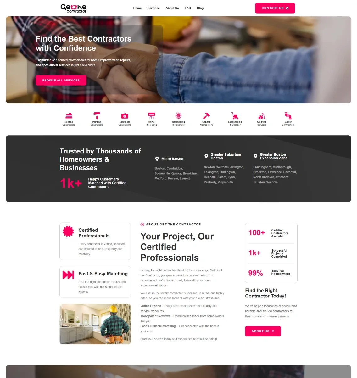 Prévia do site Get the Contractor, projeto do portfólio da Falls
