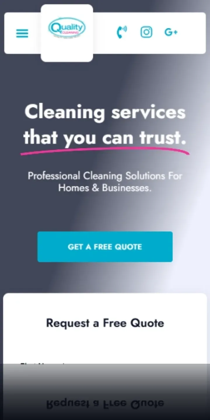 Site de empresa de limpeza nos EUA no celular, com telefone e formulário de orçamento