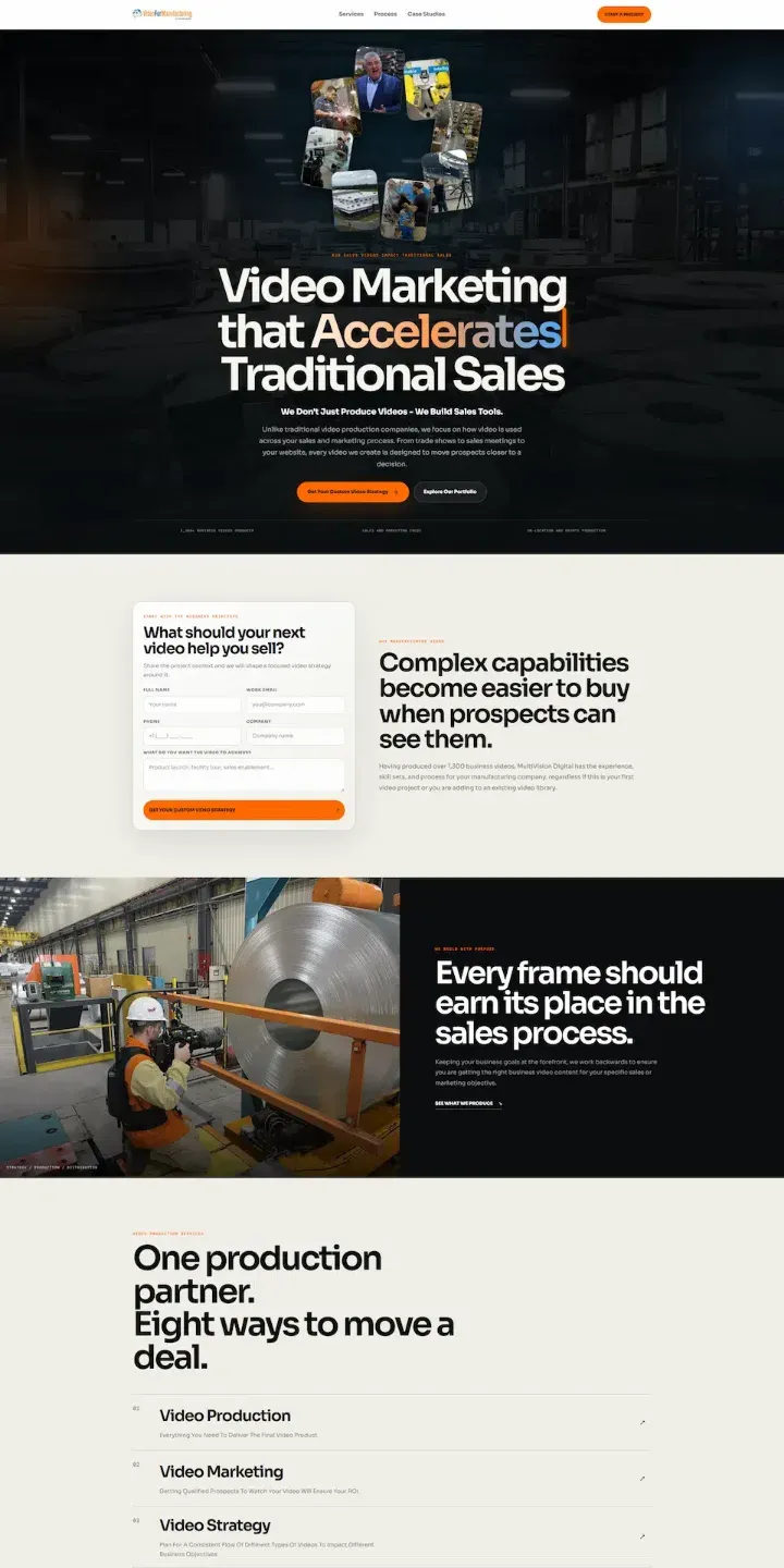 Template de site para empresa de vídeo industrial, visto no celular